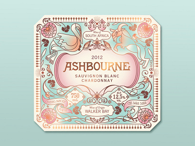 Ashbourne Wine Label art nouveau belle epoque chardonnay design goat gradients packaging pelican sauvignon blanc white wine