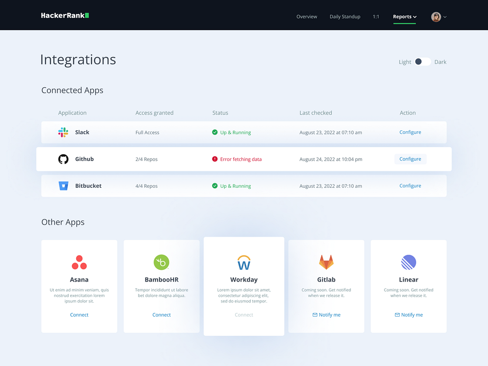Integrations Page UI - Dark/Light mode by Melissae for HackerRank on ...