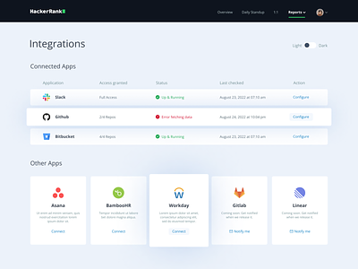 Integrations Setting Page UI card design components dark mode dashboard figma github hover effect hover state integrations page interactive components layout design light mode product design settings page status design table design toggle design ui user experience ux