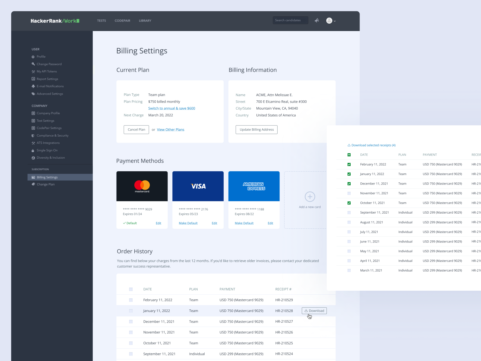Billing page design subscription & payment methods by Melissae for