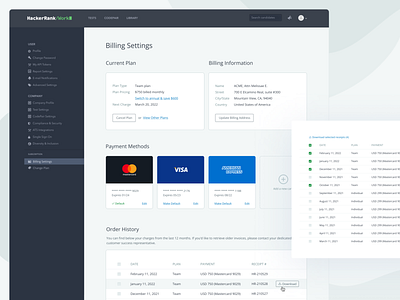 Billing page design - subscription & payment methods billing billing page card design components credit card design finance invoice payment payment method product design receipts settings page subscription table typography ui user experience user interface ux