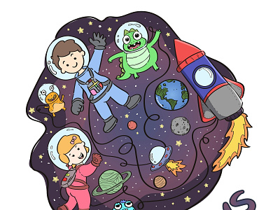 Space Kids cartoon character cute doodle illustration