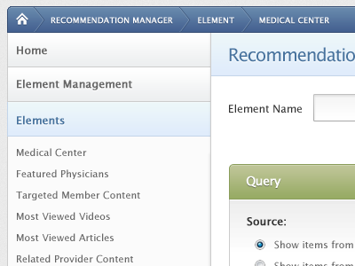Recommendation Manager blue breadcrumb green navigation ui