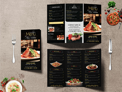 Restaurant Menu Trifold awesome black branding brochure corporate design exclusive eye catching food food menu illustrator menu modern photoshop price restaurant simple template trifold unique