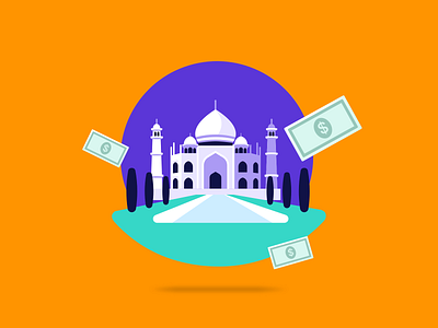 Making it rain at the Taj Mahal 💸 2d adobe blog country design finance fintech flat design hanateh illustration india paysend purple simple taj mahal ui vector