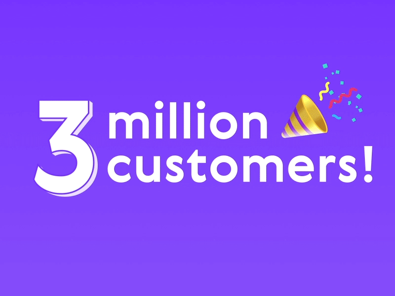 3 million customers 🎉 2d adobe aftereffects animation character design finance fintech flat design gif hanateh illustration paysend purple vector