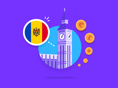 UK 🇬🇧– Moldova 🇲🇩 app big ben character finance fintech flat design hanateh illustration moldova money transfer paysend simple ui design uk vector