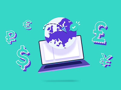 Changing online money transfers 💻🌎✅ 2d blog post brand currency design fintech flat design hanateh illustration laptop money transfer paysend simple world