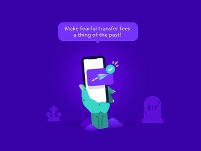 Fearful money transfers! 🪦 2d branding cute design fintech flat design halloween hanateh illustration money transfer paysend rip simple zombie