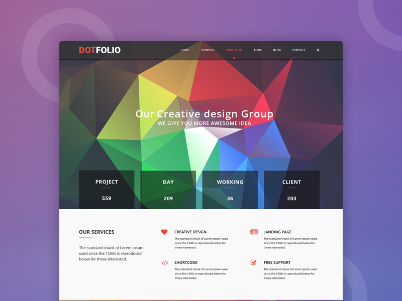 DotFolio – Corporate business psd template (Freebie) one page polygon colorful free psd freebie dotthemes protfolio freelancing agency creative design web template business
