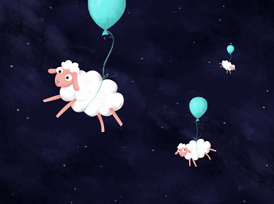 Fly me to the moon animal art balloons design flying illustration moon sheep sheeps sky