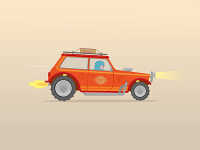 Bug boy buggy car character dune engine exhaust flat helmet illustration sand speed suitcase