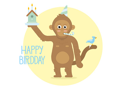 Happy Birdday bird birdhouse birthday cake candles candy card fur hat monkey party vector