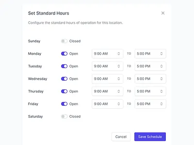 Scheduling & Hours of Operation business business details business hours clock date dates hours hours of operation indiana indianapolis innovatemap schedule scheduler schedules scheduling time ui