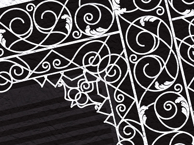 Close up of ironwork illustration from French Quarter balcony black and white illustration ironwork line art vector