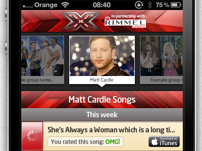 Download songs UI from Official X Factor app iphone itv mobile app red ui design xfactor