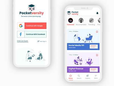 Pocket-versity Intro Screens app figma flat homescreen learning app login modern