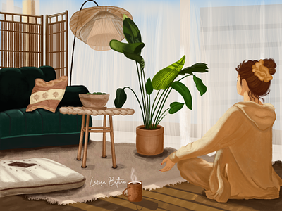 Girl meditating 2d aesthetically art calm coffee comfort cozy dreaming girl home illustration meditation relax thinking woman