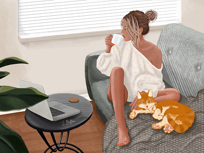 Woman relaxing with a red cat 2d aesthetic at home autumn beautiful cat cozy drinking coffee girl home illustration laptop red cat relaxing sitting on sofa tea warm woman working young people youtube illustration