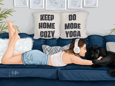 Woman listening to music with a dog 2d art beautiful cozy dog dreaming emotions girl headphones home illustration listen music music positive relaxing shorts smile sofa summer woman