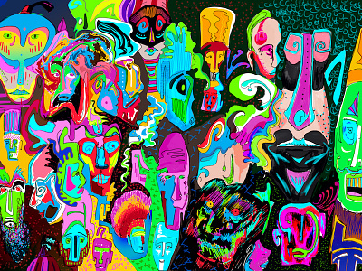 The god with many faces artwork collorfull faces illustration tribal
