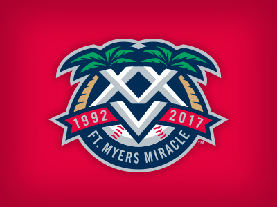 Ft. Myers Miracle 25th Anniversary roman numerals palm trees 25 anniversary baseball logo studio simon