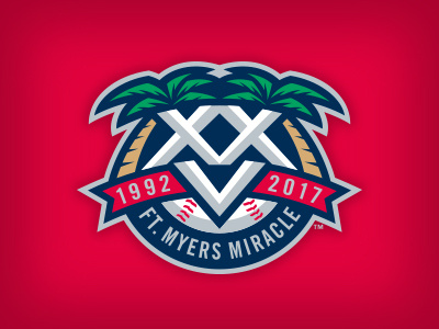 Ft. Myers Miracle 25th Anniversary 25 anniversary baseball logo palm trees roman numerals studio simon