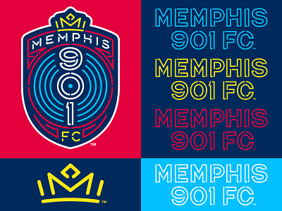 Memphis 901 FC badge crest crown lettering logo memphis neon soccer studio simon