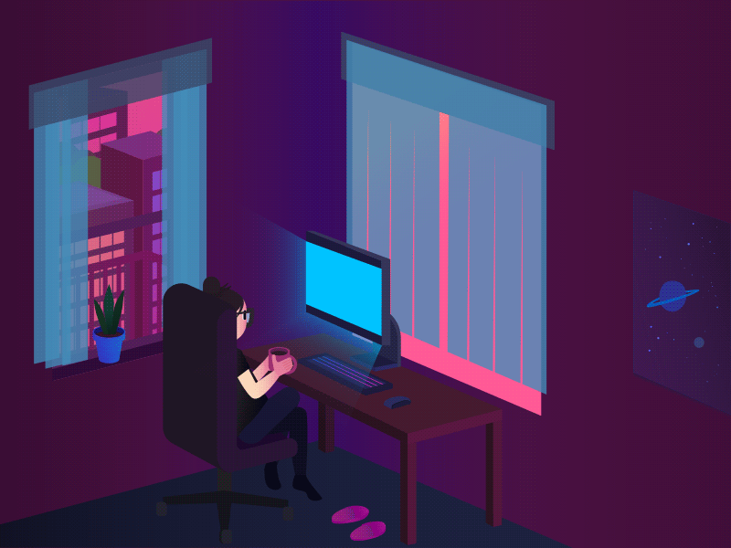Nighttime Office coffee gif illustration led mechanical keyboard monitor mouse night office working