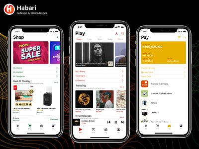 Habari App Redesign android buy commerce credit card design figma gtbank habari ios music now playing pay payment play shop uiux ux design wallet