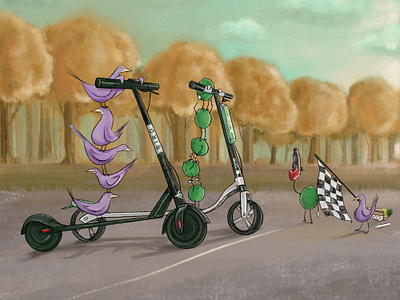 Birds vs. Limes birds character design illustration limes scooters whimsical