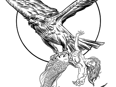 Mermaidvsgiantbird Bw comic art hawk manga studio mermaid osprey pen and ink the little mermaid