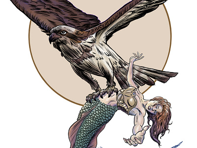 Mermaidvsgiantbirdcolordribbble color illustration comic art digital painting hawk manga studio mermaid osprey pen and ink the little mermaid