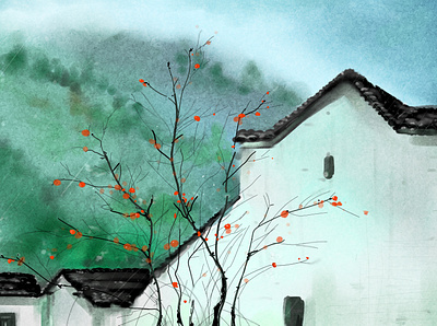 living in peace chinese style house illustration rainy sai