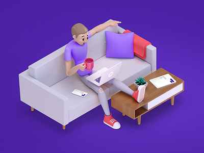 Comfy coffee chats 3d character coffee computer couch devices human isometric laptop smartphone tablet textnow