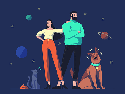 My universe cat cats characters clean dog dogs dreams family illustration planet planets procreate space stars story universe