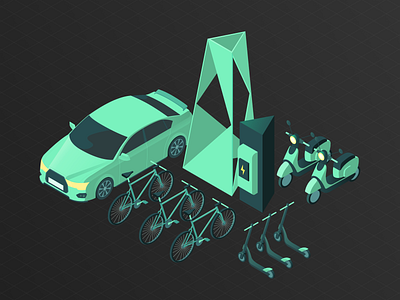 Mobility Hubs bike car charging clean cycling eco electric illustration illustrator isometric scooter vectors