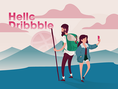Hello Dribbble adventure characters debut first shot hello dribbble illustration illustrator sunset vectors