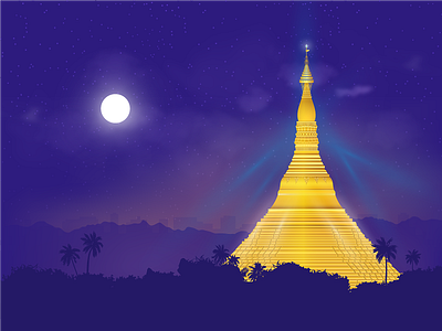 Shwedagon Pagoda, night landscape illustration illustration vector
