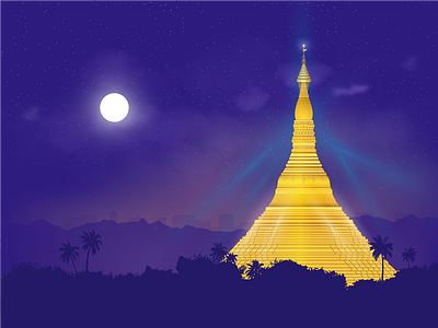 Shwedagon Pagoda, night landscape illustration