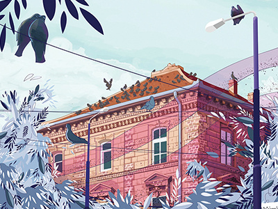 The Archduke's Palace digital heritage illustration interwar love story old buildings pigeon pink timisoara vector