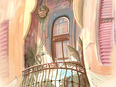 Cuba balcony cuba digital illustration facade ornamentation havana illustration old building procreate app sketch sunset travel tropical tropical plants warm light yellow