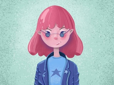 Lucy Broz tough chick character design asian girl josip broz tito starry leather jacket starry eyes lennon glasses biker girl motorbike pink hair character girl cool digital illustration
