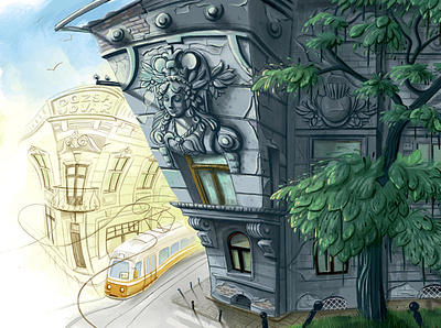 Lady in the shadow digital illustration distorted perspective dreamy editorial facade ornamentation fantasy green heritage old building statue storyboard street sunny tram tree windows woman