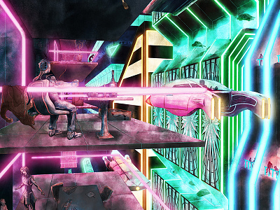 Summer Nights apartments city cyberpunk digital painting flying car illustration neon sci fi sprawl urban