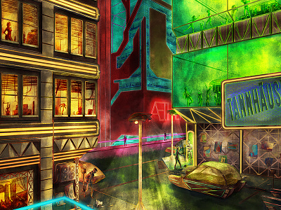 Night on the Town apartments city cyberpunk digital painting illustration neon nightclub sci fi slums sprawl urban