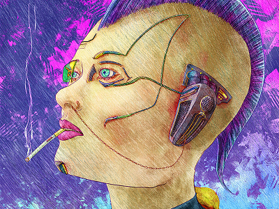 Cyberpunk in Rain augmented chain cigarette cyberpunk digital painting mohawk portrait purple rain sci fi