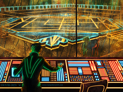 Control Room city control room controls cyberpunk digital painting illustration neon sci fi slums sprawl