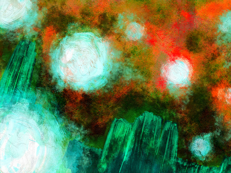Abstract Landscape fine art art impasto oil emerald sky balls lights floating landscape