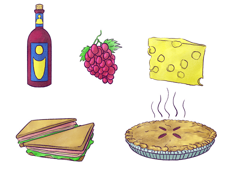 Icons pie sandwich cheese grapes wine digital painting pencil watercolor illustration